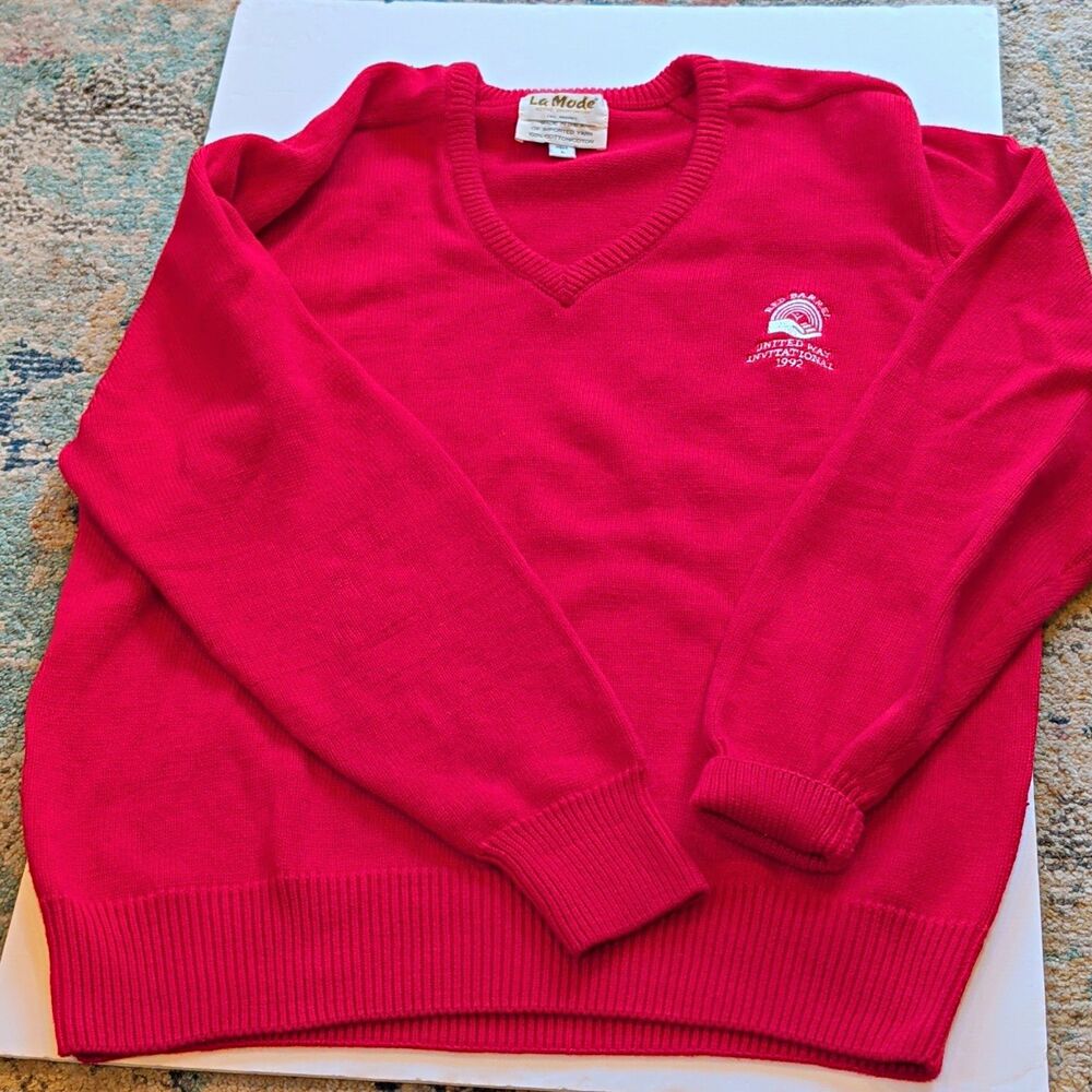 Vtg La Mode Men’s Red V-Neck Sweater Red Barrel Inv/United Way 1992 Logo (Sz L)